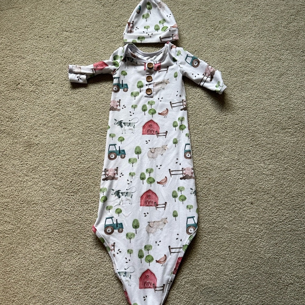 Caden Lane Farm Print Baby Gown with Hat